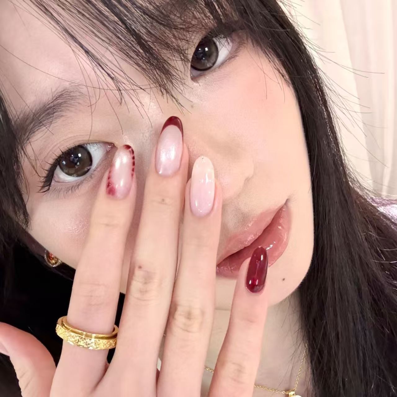 10pcs Handmade Oval Press On N - Nail Art Red Wine Cat Eye ulasan dan harga