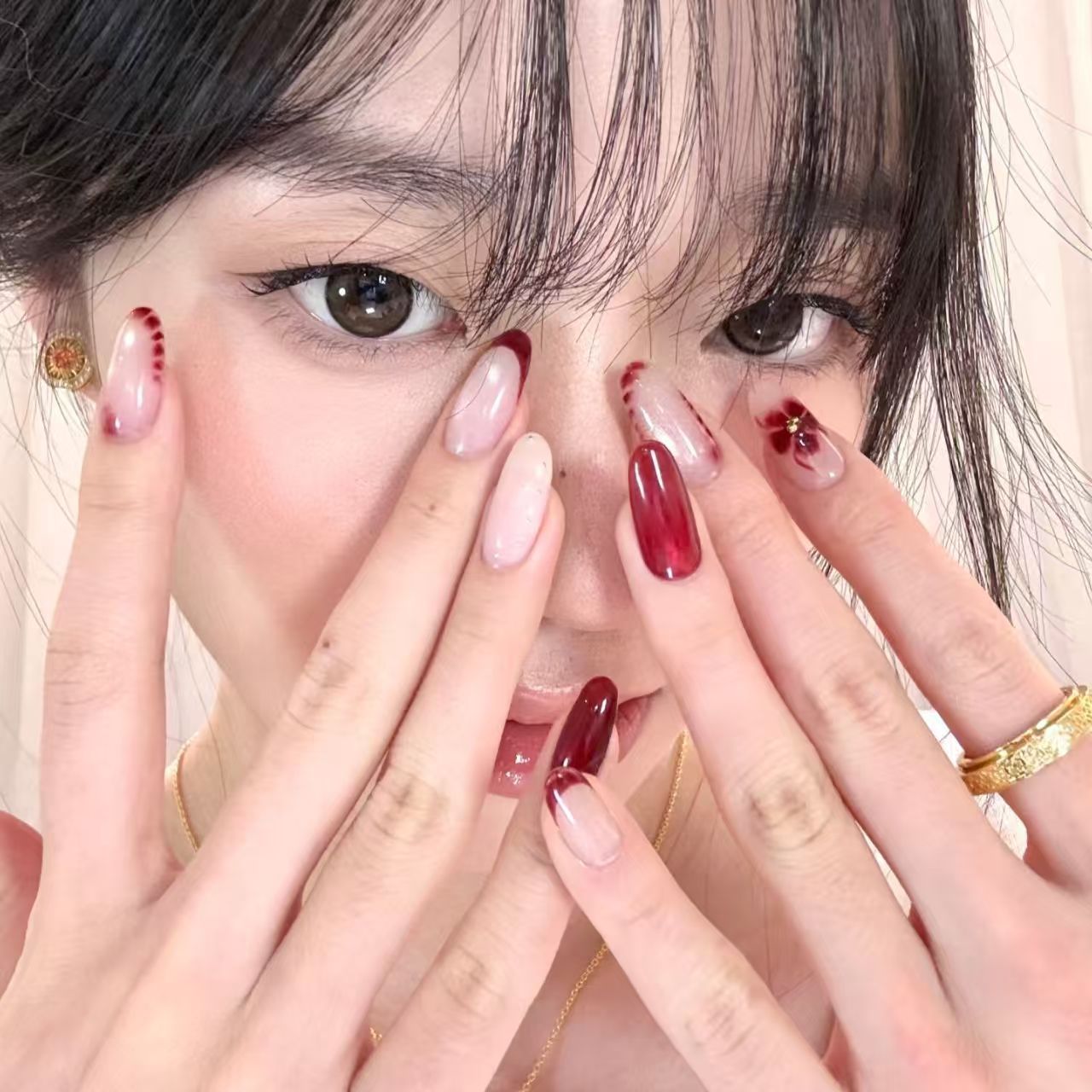 10pcs Handmade Oval Press On N - Nail Art Red Wine Cat Eye ulasan dan harga
