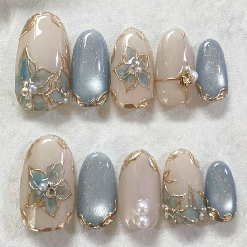 24pcs Blue Cat Eye Almond Pres - Nail Art Full Cat Eye ulasan dan harga