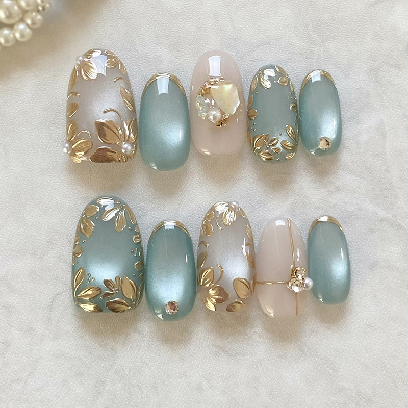 24pcs Blue Cat Eye Almond Pres - Nail Art Full Cat Eye ulasan dan harga