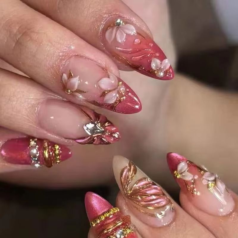 24Pcs Almond Press on Fake Nai - Nail Art Red Wine Cat Eye ulasan dan harga